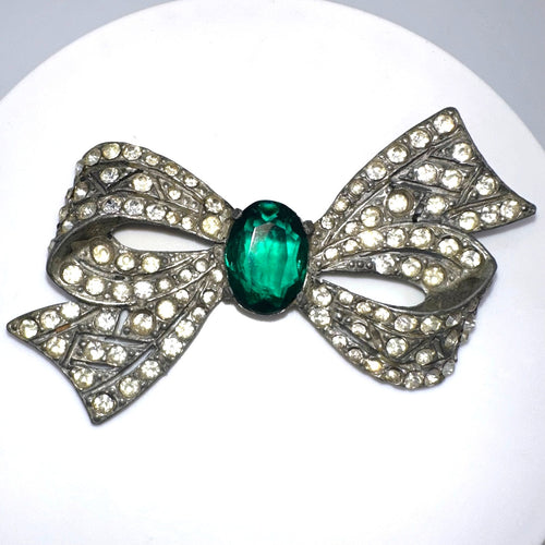 1930s antique Art Deco silver tone pot metal green clear rhinestones bow brooch