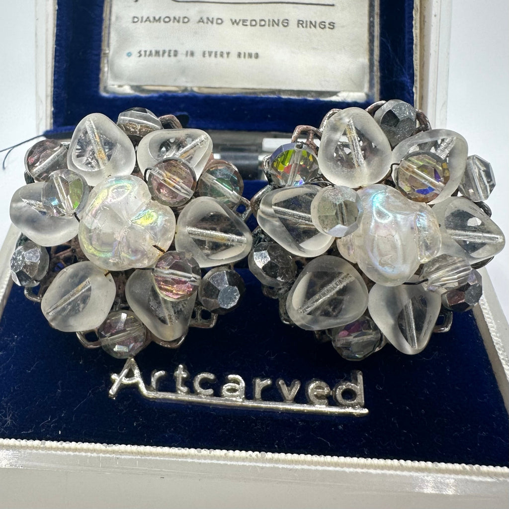Vintage silver tone AB watermelon glass beads beaded cluster clip on earrings