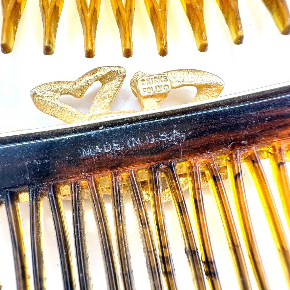 Kirks Folly set 2 gold tone ribbon bows faux tortoiseshell hair combs made USA