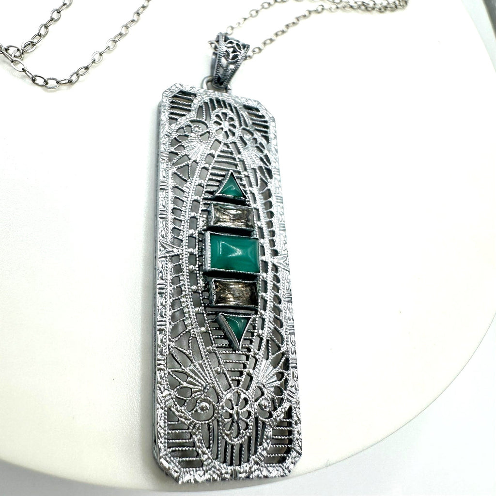 Antique Art Deco rhodium plated Czech glass filigree pendant sterling necklace