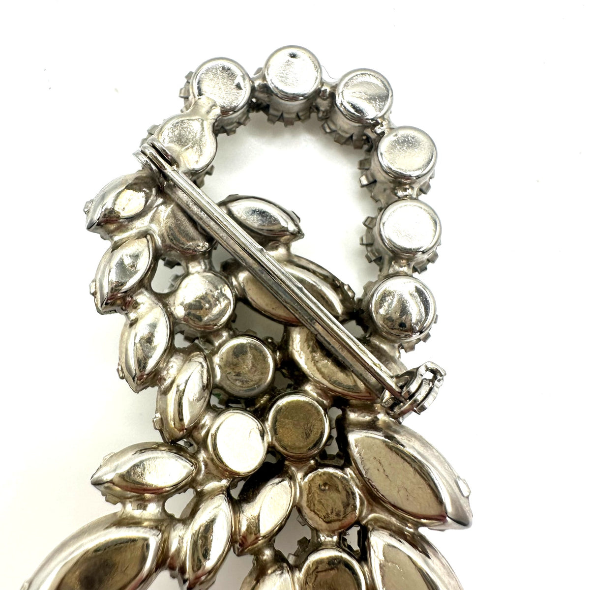 1950s vintage silver tone clear glass navettes rounds rhinestones brooch