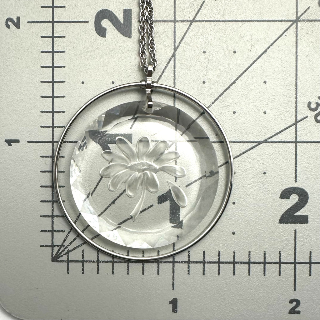 Hallmark vintage silver tone reverse cut crystal flower intaglio cameo necklace