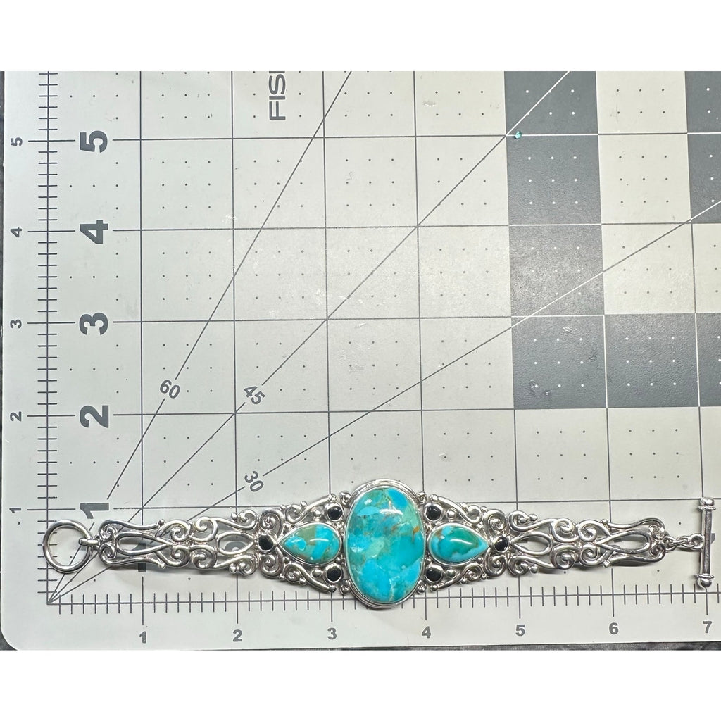 NF Thailand 925 sterling silver turquoise cabochons black rhinestones bracelet
