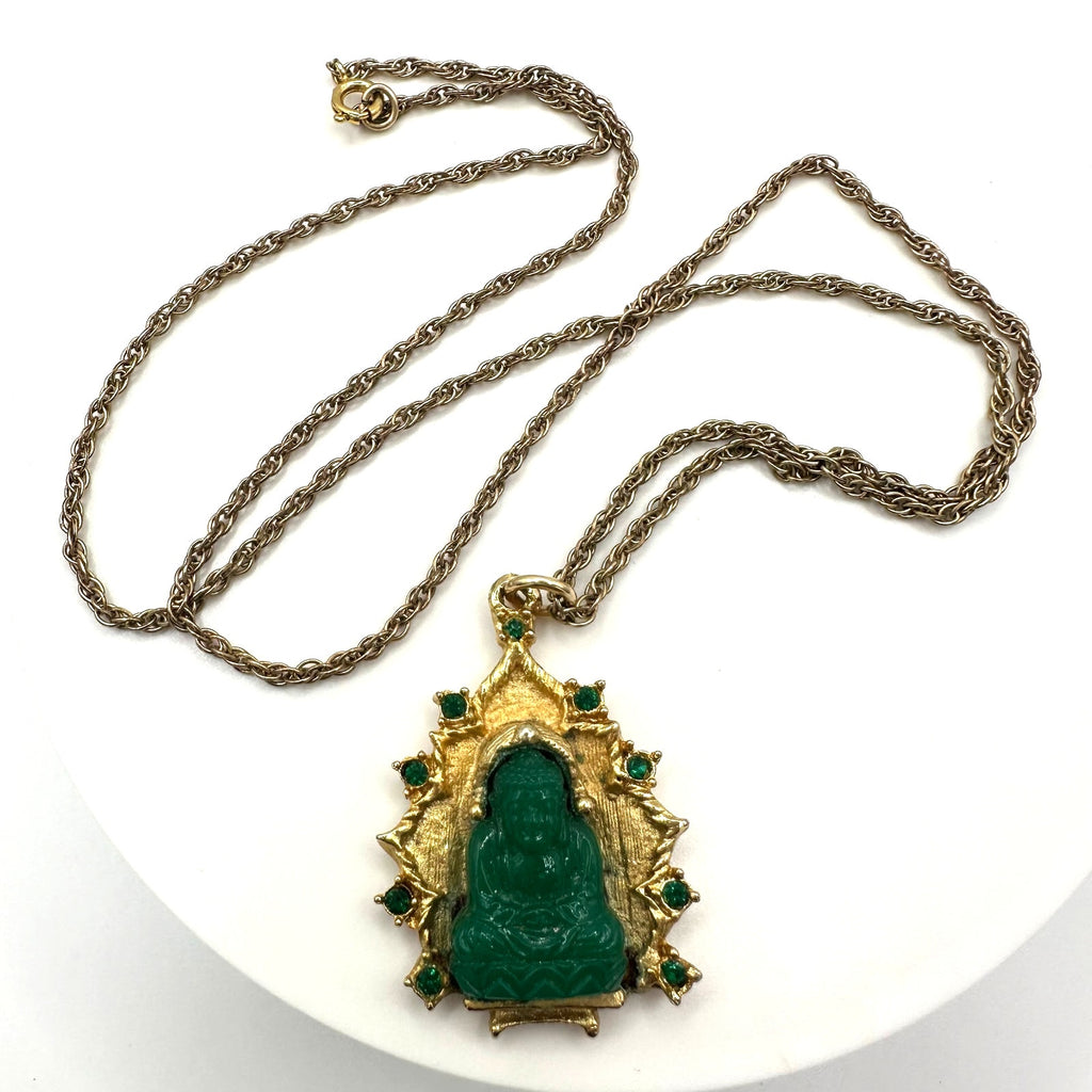 Vintage gold tone green faux jade art glass Buddha pendant 24" chain necklace