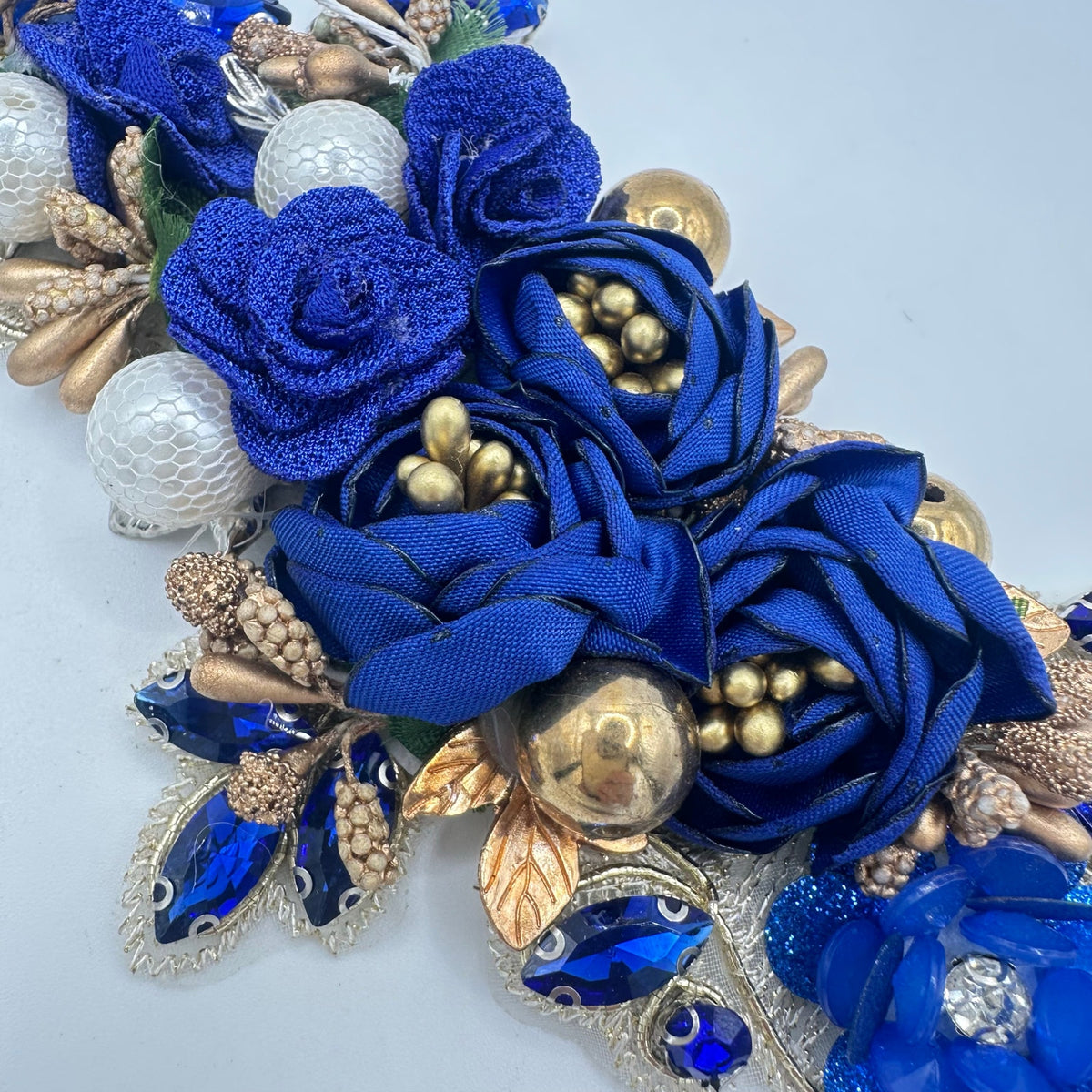 Massive large gold tone blue roses rhinestones pearls beaded sewing applique