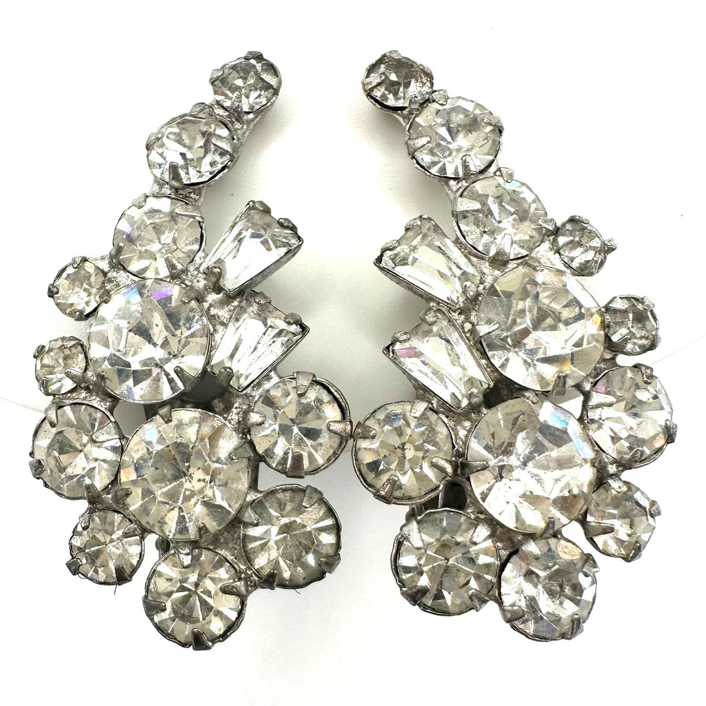 1940s vintage silver tone clear glass rhinestones crawler clip on earrings