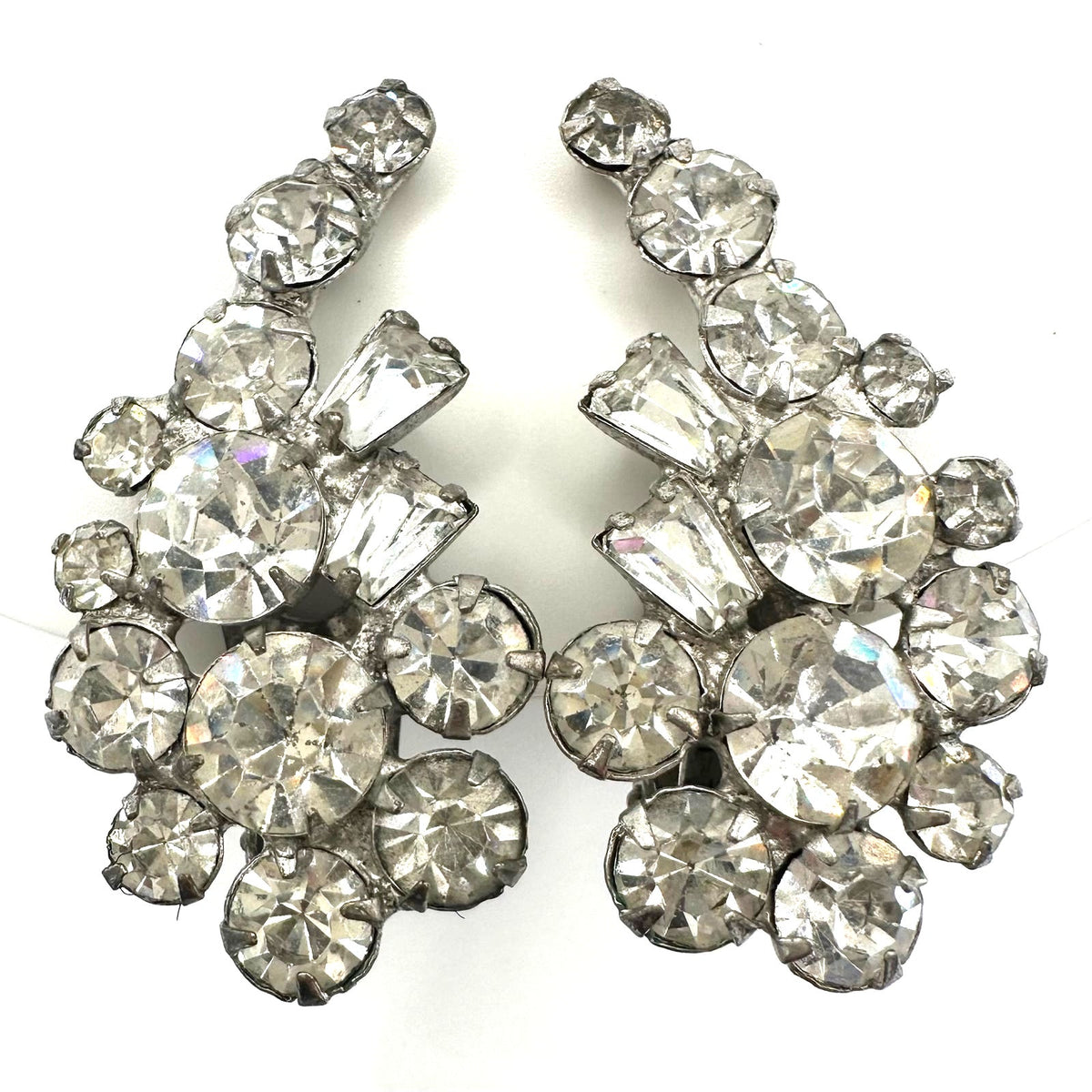 1940s vintage silver tone clear glass rhinestones crawler clip on earrings