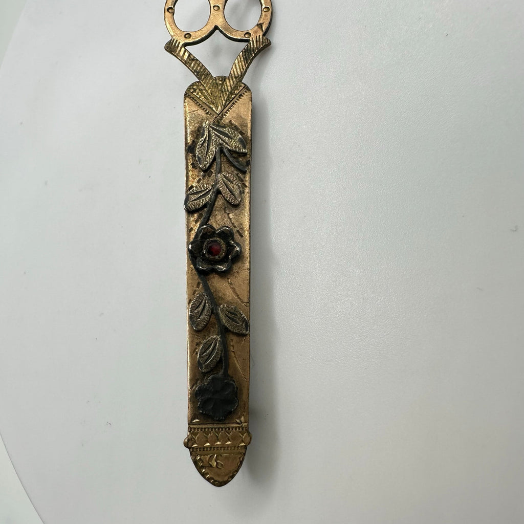 Antique Victorian 1800s gold filled red paste rhinestone scissors brooch pin