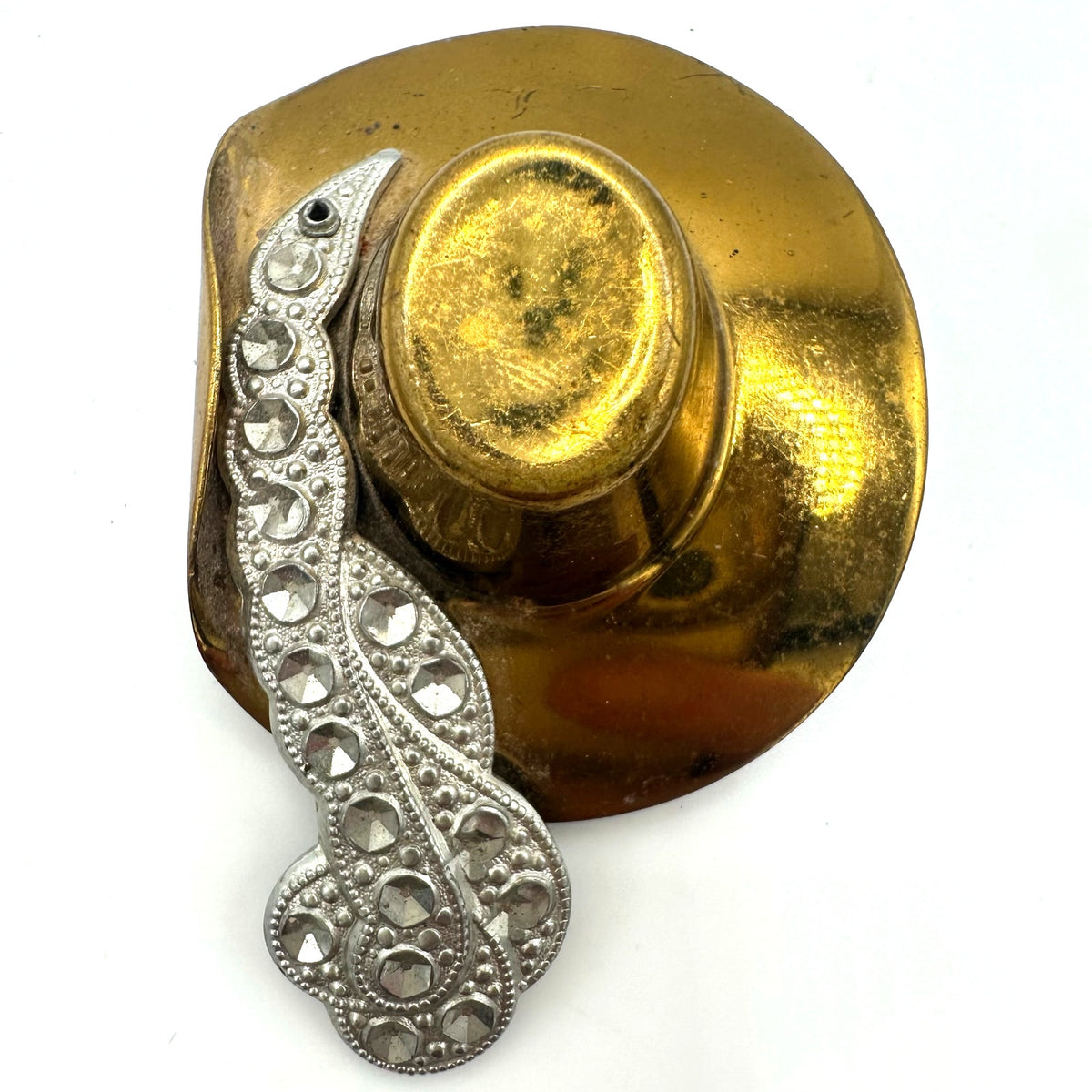 Vintage gold tone brass pot metal silver gold tone Spanish feather hat brooch