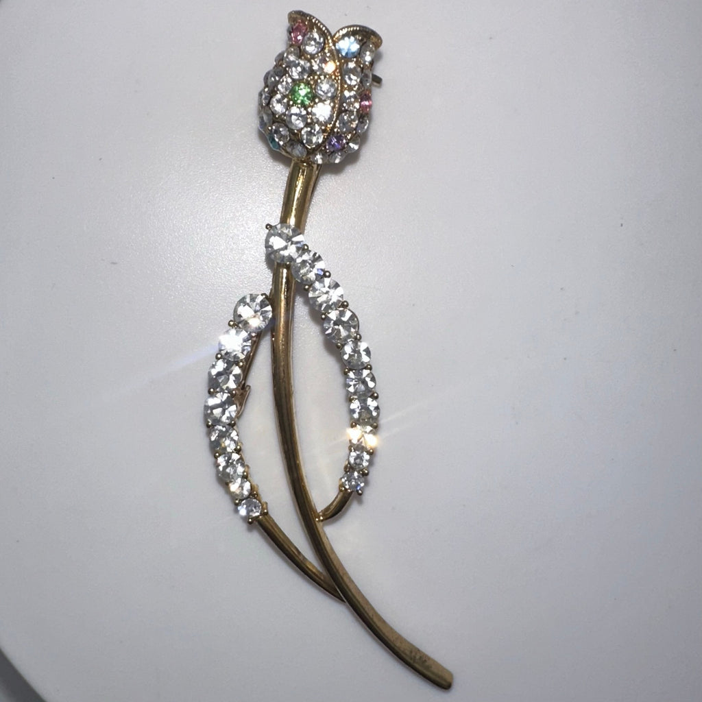 Gold tone clear multicolor glass rhinestones rose flower floral brooch