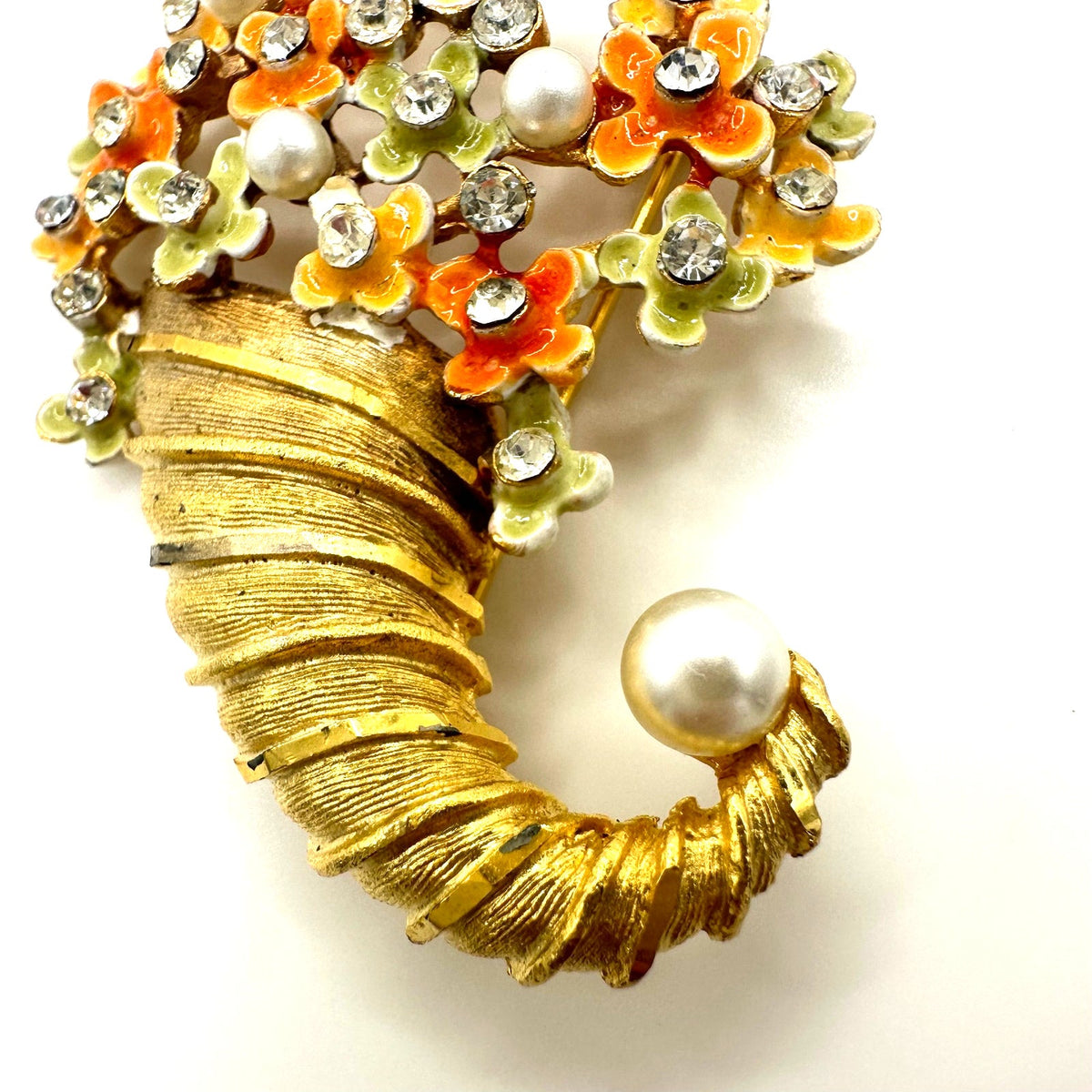 BSK vintage gold tone cornucopia multicolor enamel flowers rhinestones brooch