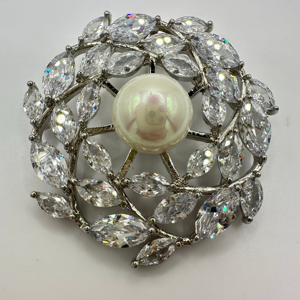 Vintage silver tone clear cubic zirconia CZ faux pearl round circular pendant