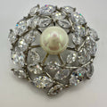 Vintage silver tone clear cubic zirconia CZ faux pearl round circular pendant