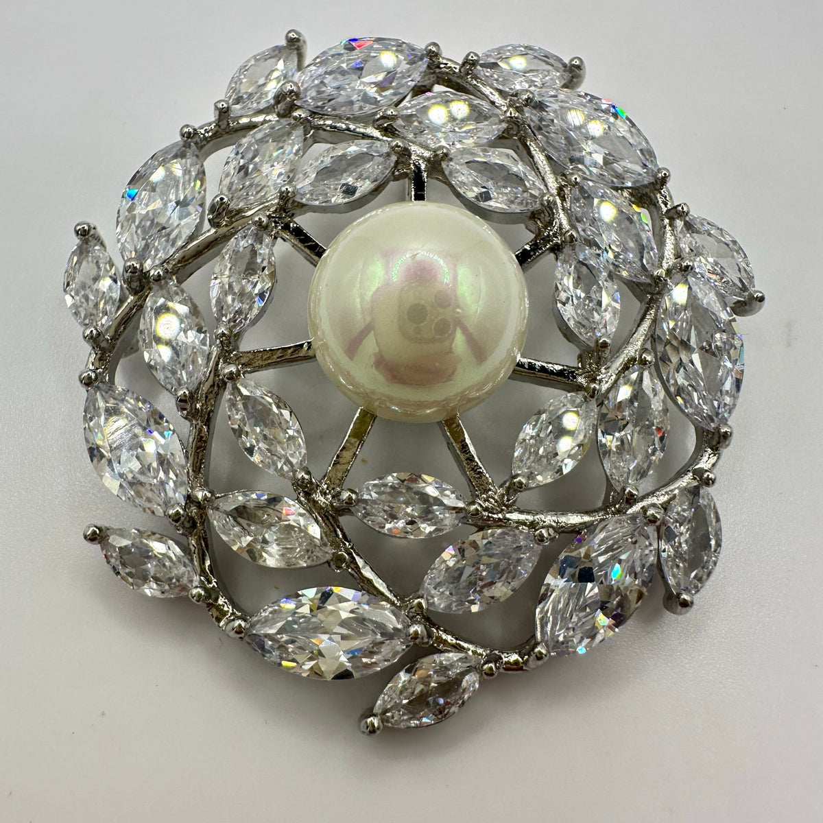 Vintage silver tone clear cubic zirconia CZ faux pearl round circular pendant