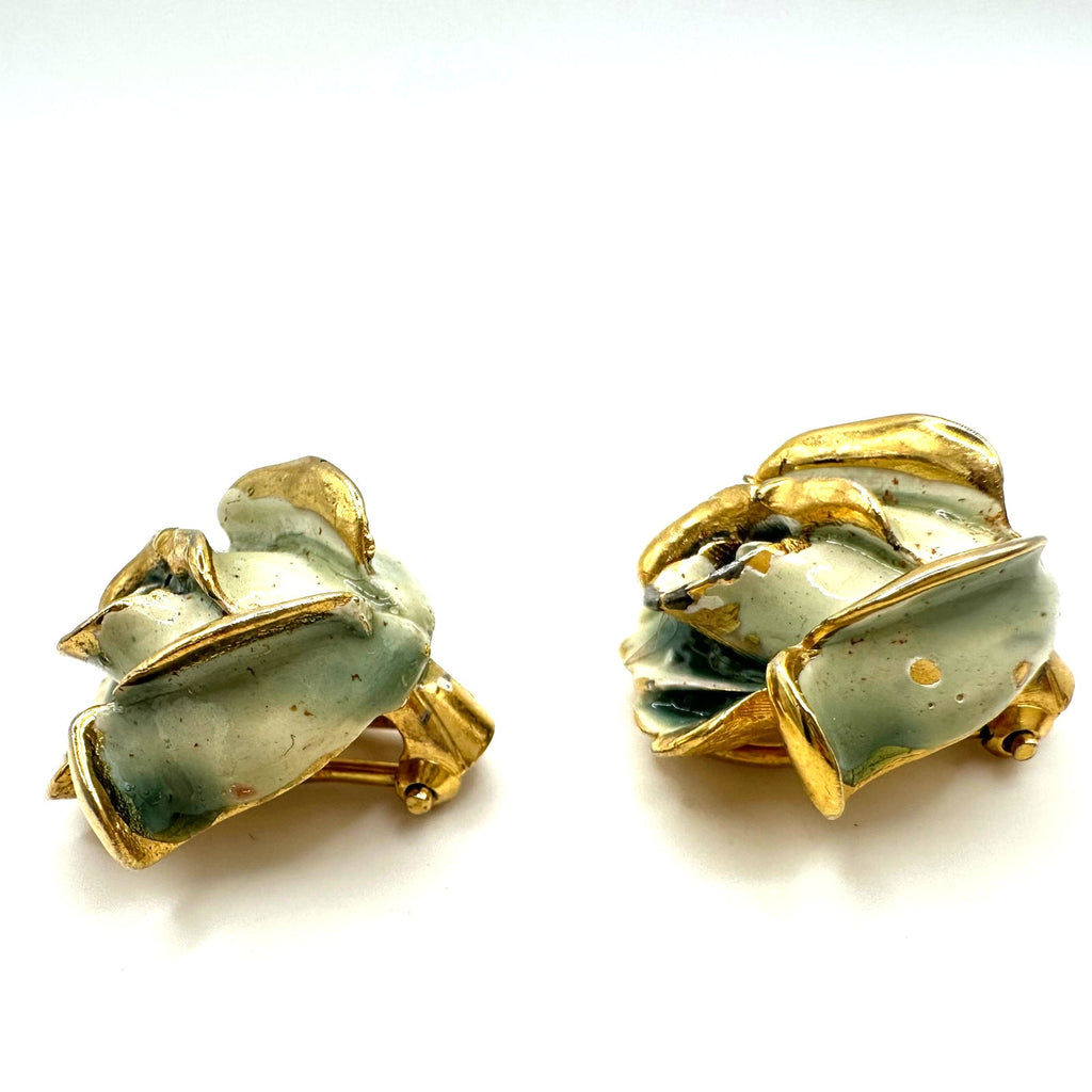 Capri signed vintage gold tone blue enamel 3D roses floral clip on earrings