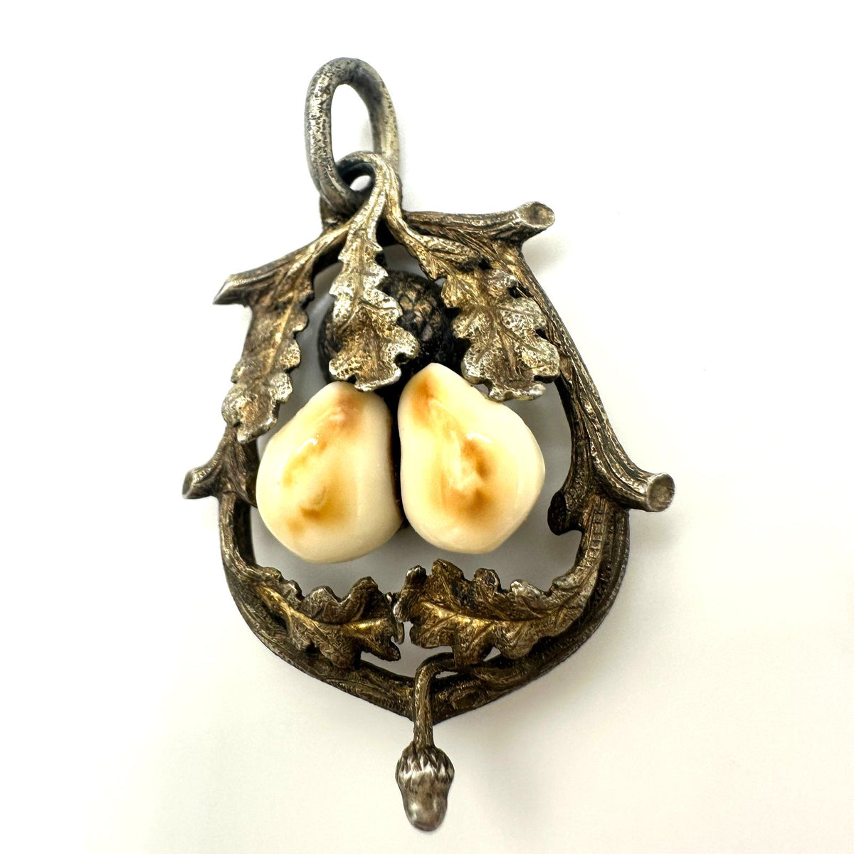 Antique Victorian Edwardian 800 silver real deer teeth acorn leaves pendant