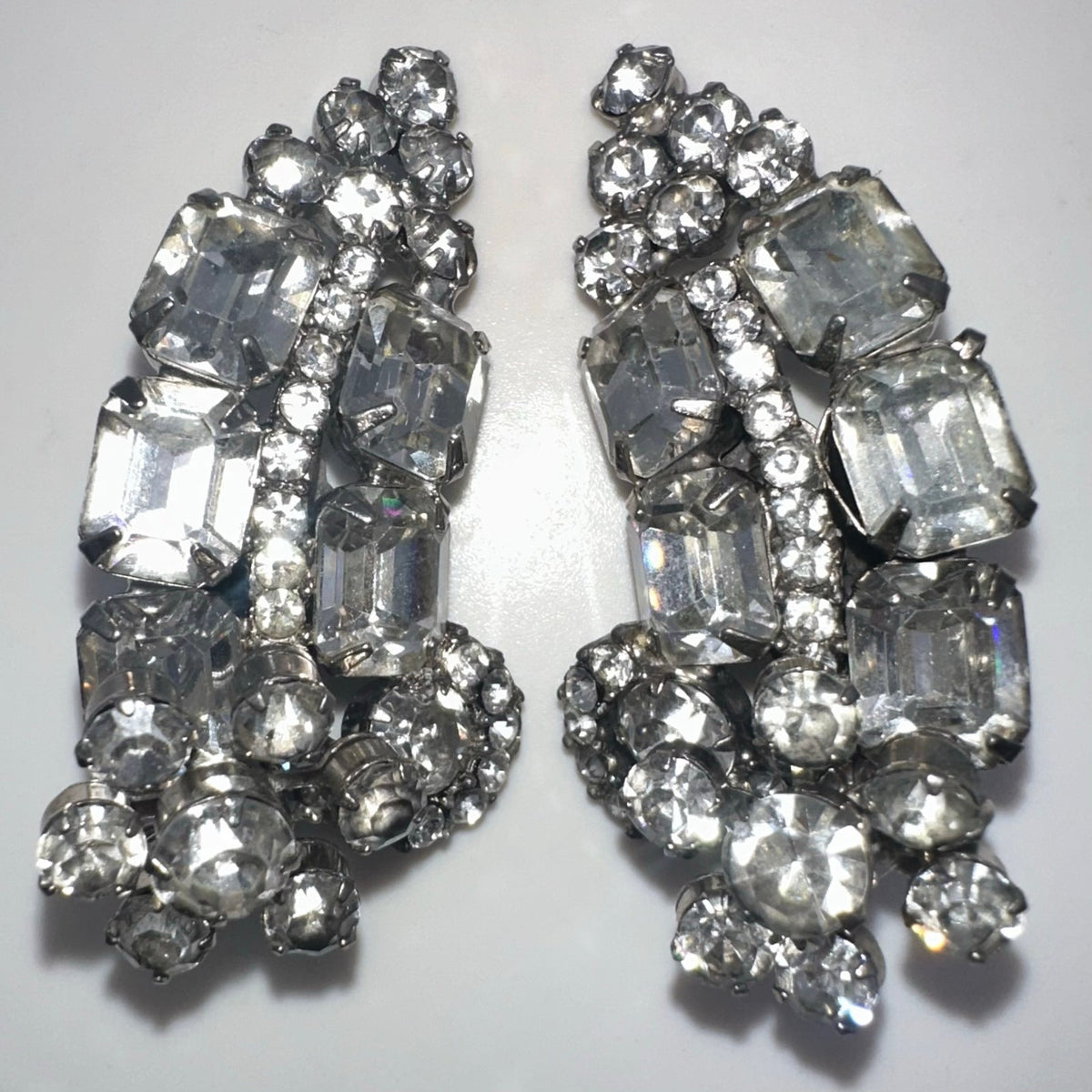 Juliana vintage silver tone clear glass rhinestones crawler clip on earrings