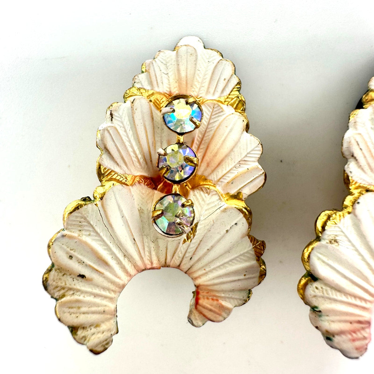 Austria vintage gold tone white pink enamel AB rhinestones clip on earrings