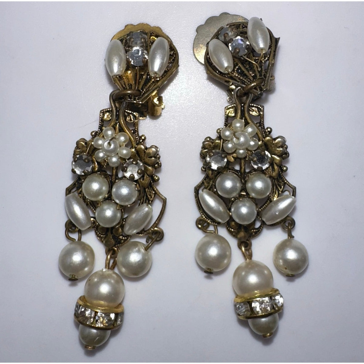 Robert Demario unsigned gold tone rose montee rhinestones pearl clip on earrings