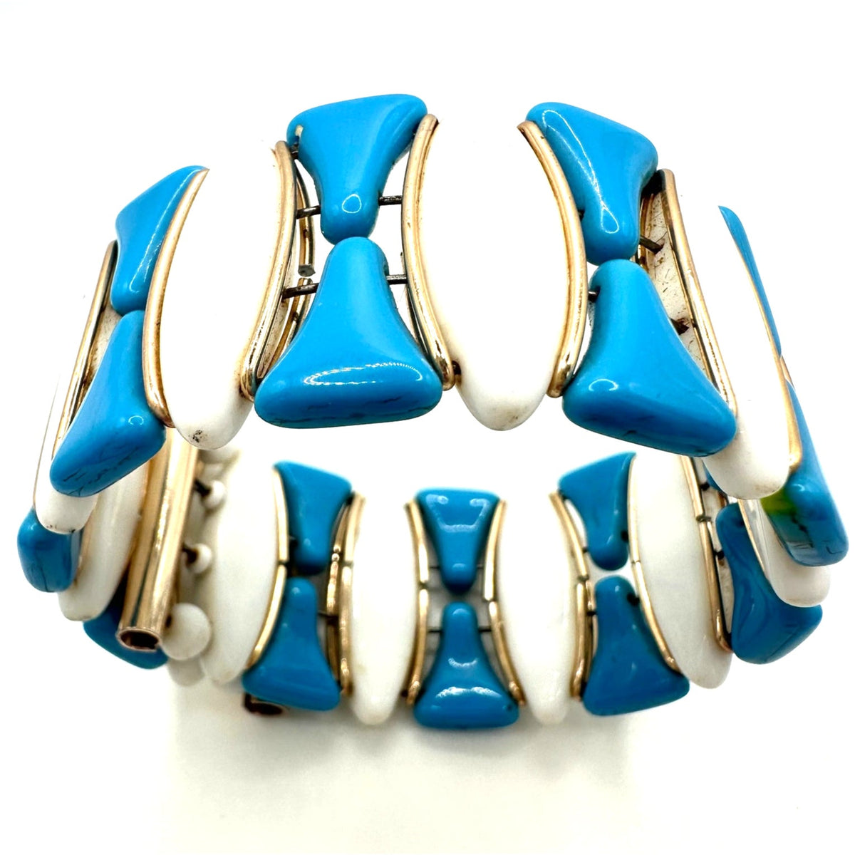 Western Germany vintage blue white milk glass gold tone beaded wrap bracelet