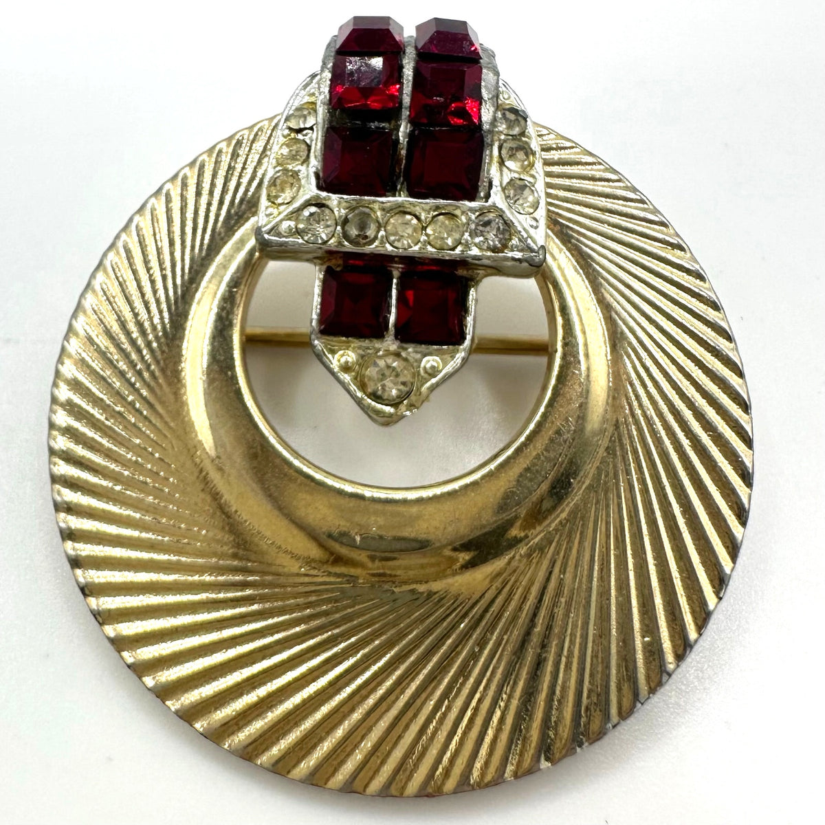 Coro Pegasus vintage gold tone red clear rhinestones circular buckle brooch