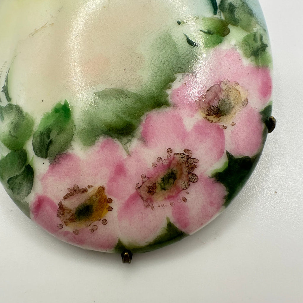 Antique Victorian Edwardian hand painted pink green yellow floral brooch pin