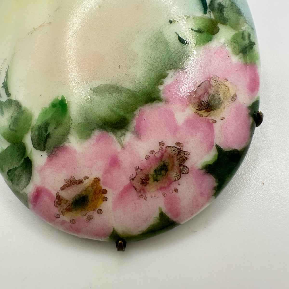 Antique Victorian Edwardian hand painted pink green yellow floral brooch pin