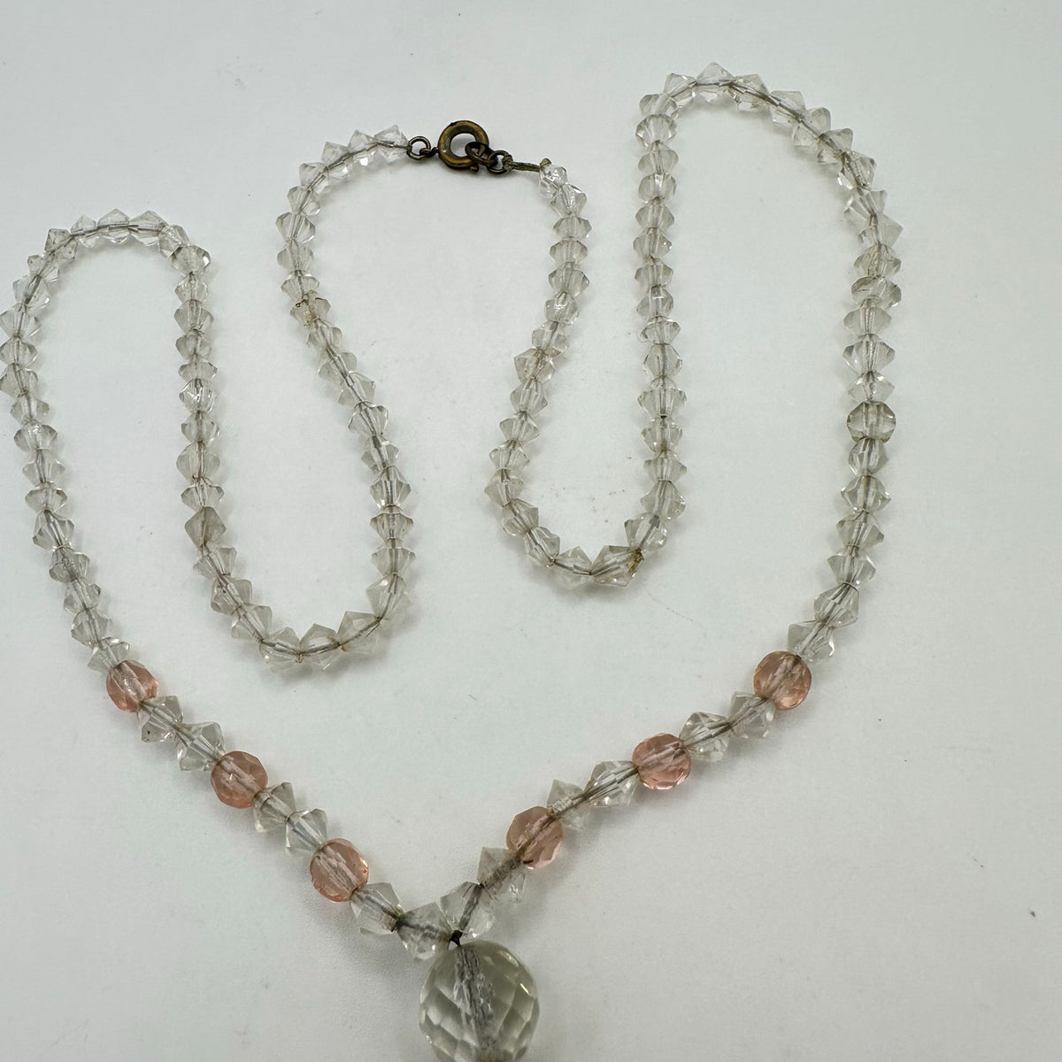 Antique Art Deco 1930s clear peach Czech glass beads beaded graduated necklace