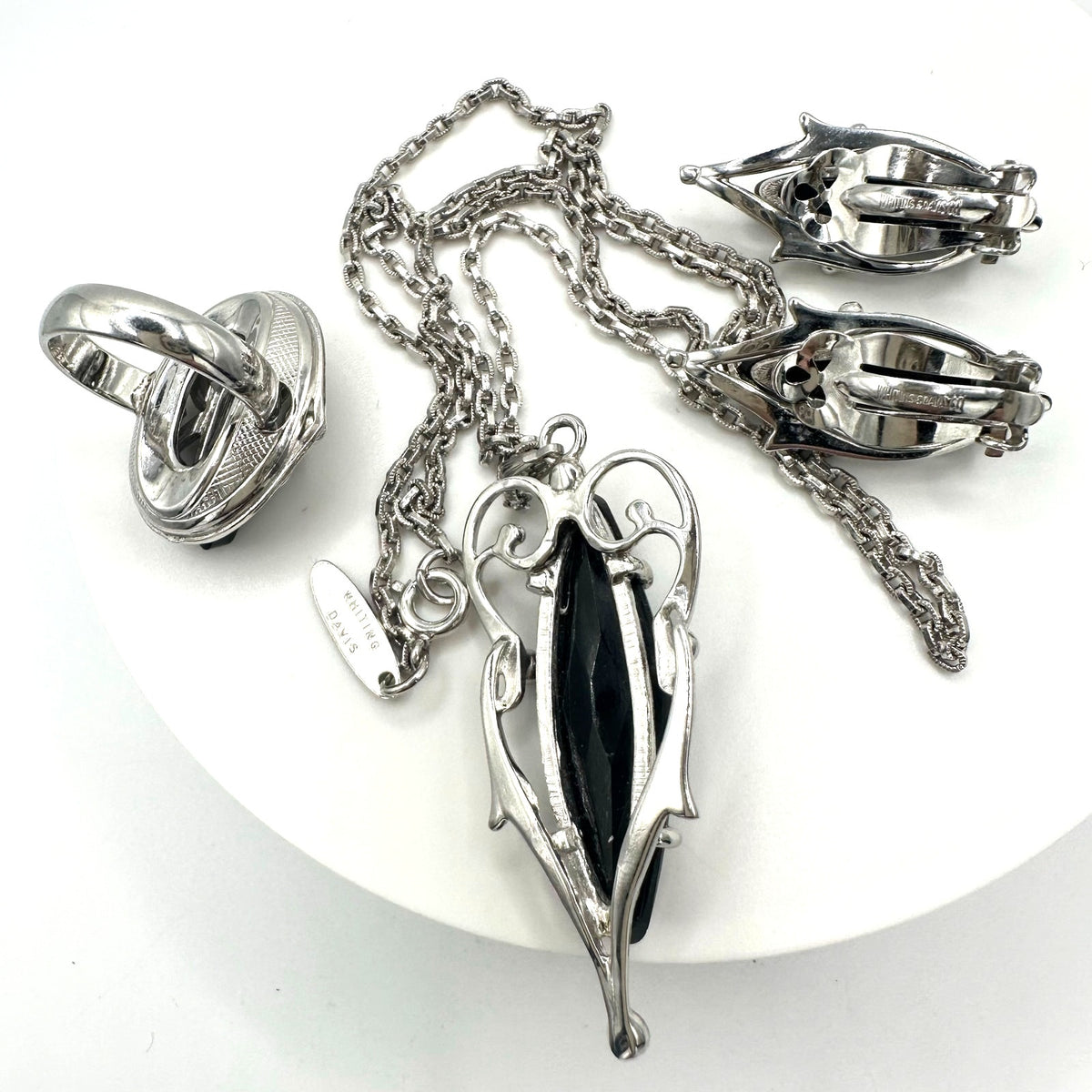 Whiting & Davis vintage silver tone faux hematite necklace ring clip on earrings