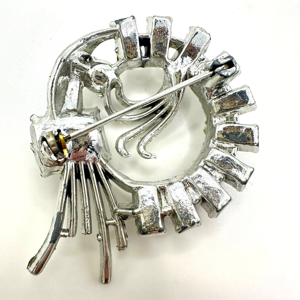 1940s vintage silver tone clear large glass rhinestones wreath brooch