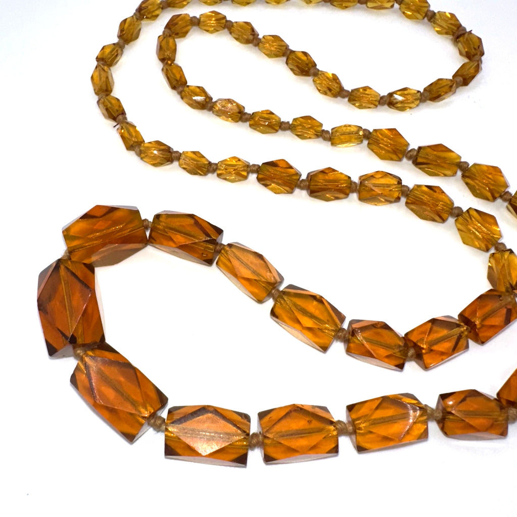 Antique Art Deco topaz yellow orange Czech glass beaded graduated 35" necklace