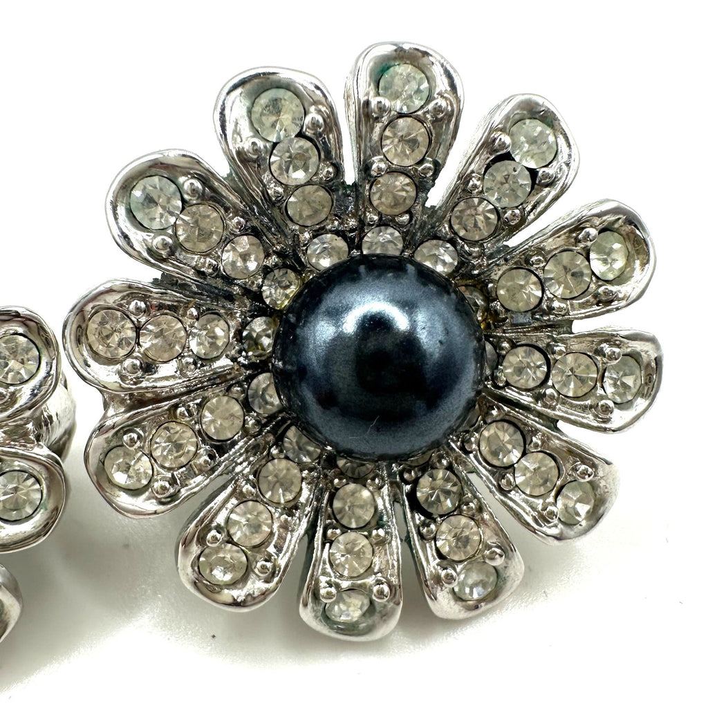 St. John vintage silver tone rhinestones faux black pearl clip on earrings