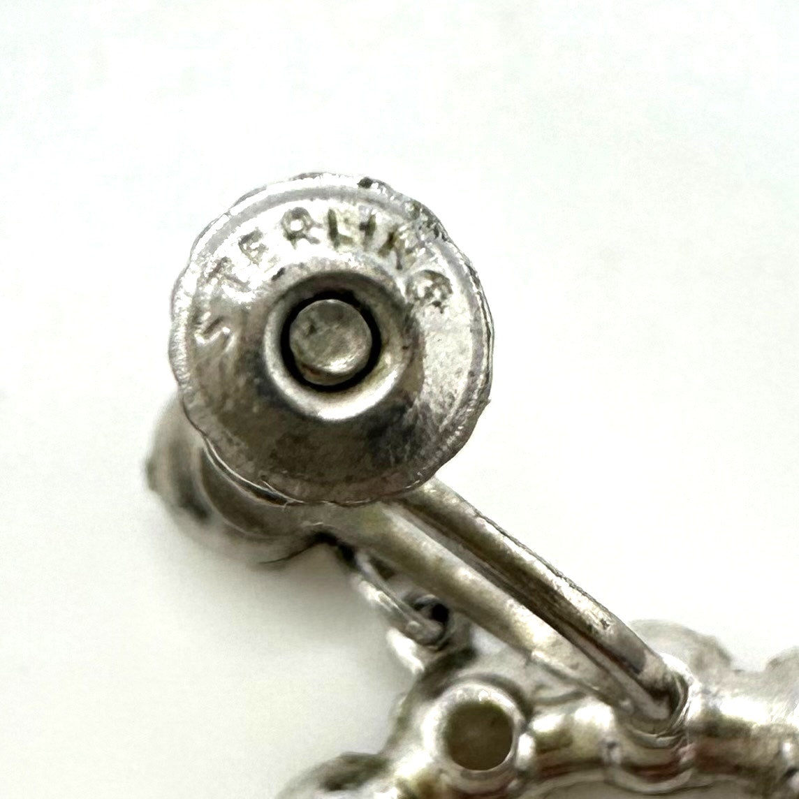 1940s vintage sterling silver clear rhinestones black enamel screw back earrings