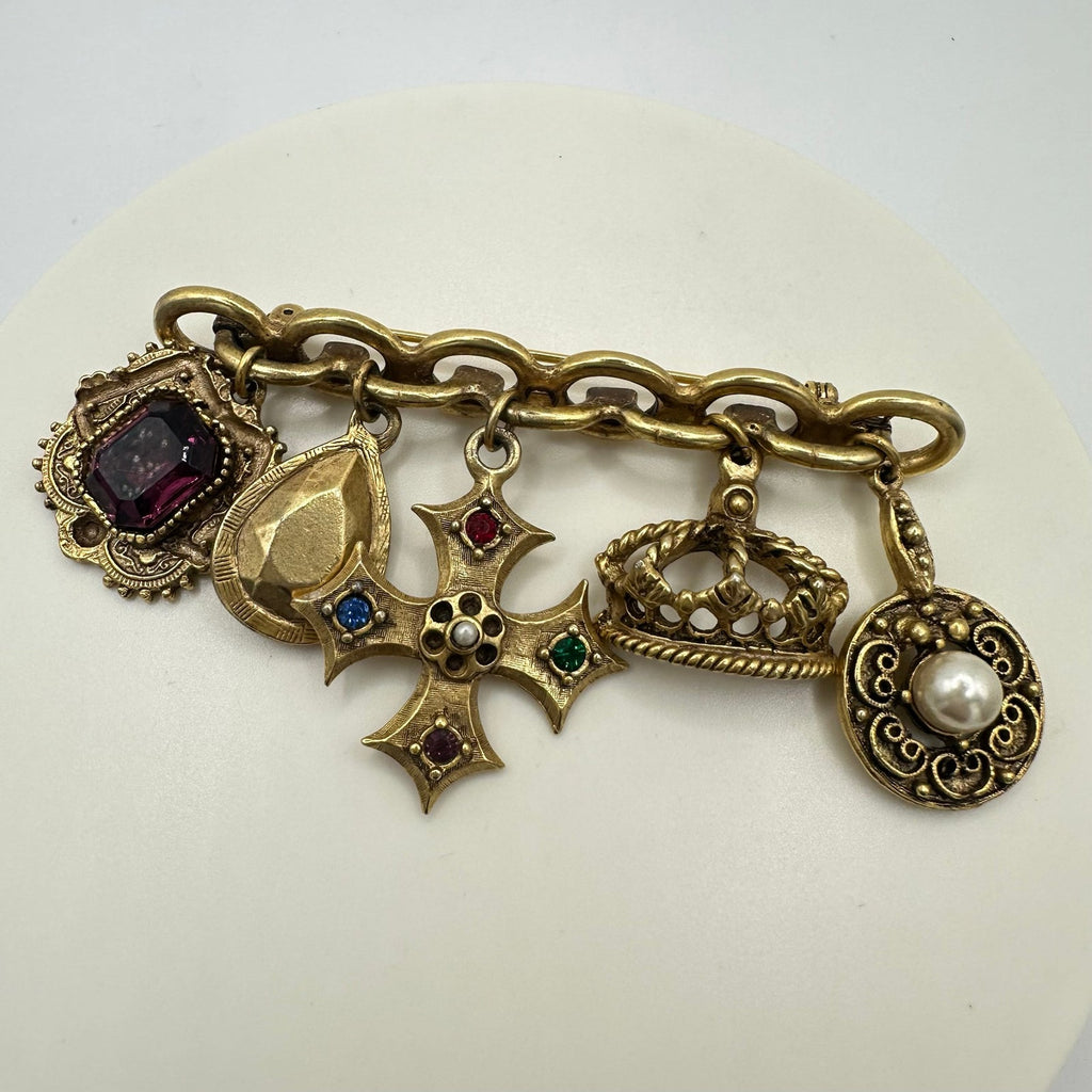 Vintage gold tone Victorian Revival 5 dangling charms crown Maltese cross brooch