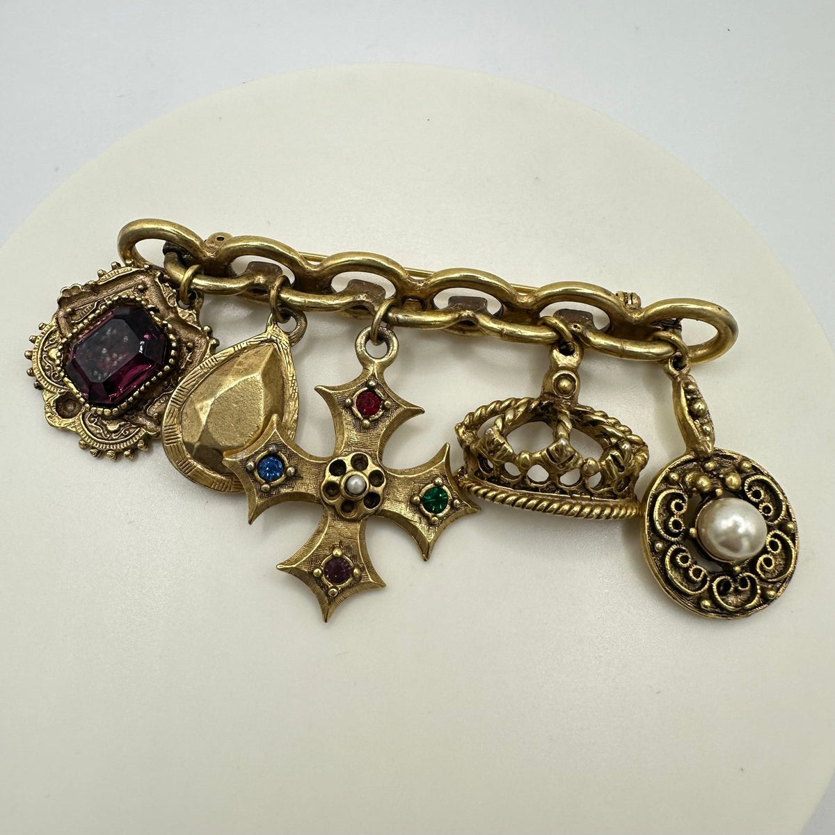 Vintage gold tone Victorian Revival 5 dangling charms crown Maltese cross brooch