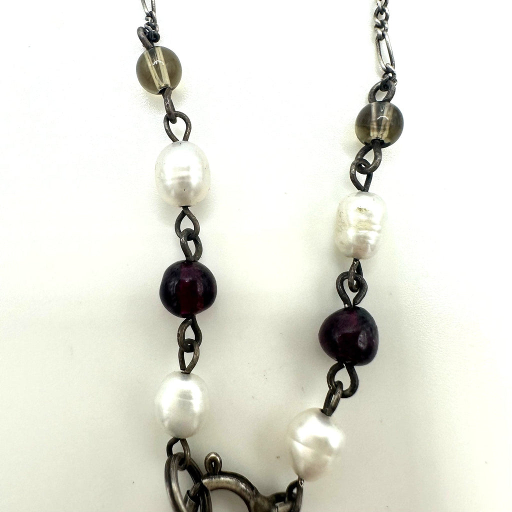 Vintage 925 sterling silver real pearls garnets quartz beaded chain 19" necklace