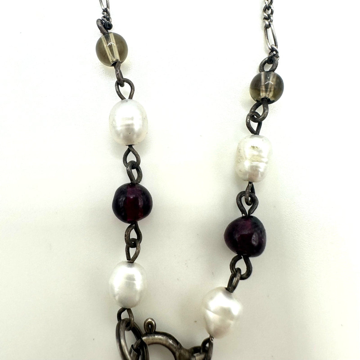 Vintage 925 sterling silver real pearls garnets quartz beaded chain 19" necklace