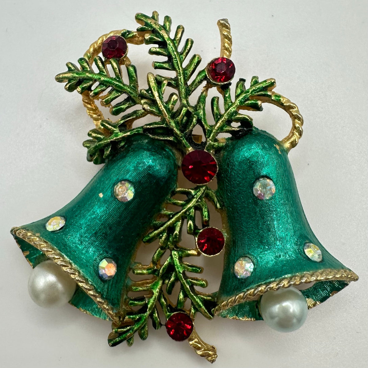 Vintage gold tone AB red rhinestones green enamel Christmas bells brooch