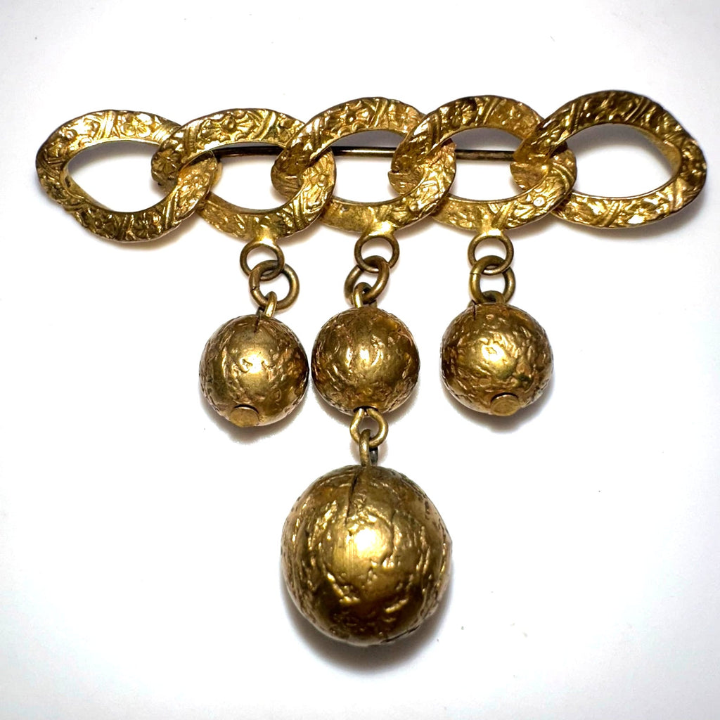 Antique Art Deco gold tone brass dangling ball charms chain bar pin brooch