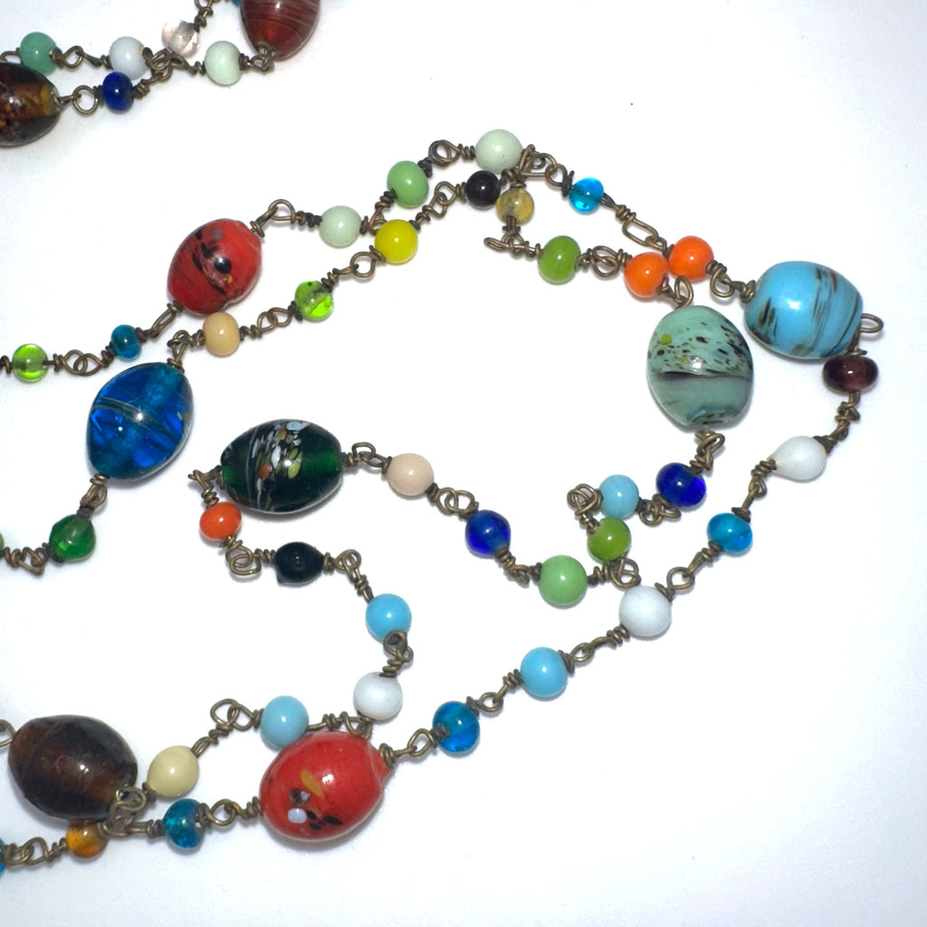 Antique Art Deco Czech art glass multicolor beads beaded brass 52" necklace