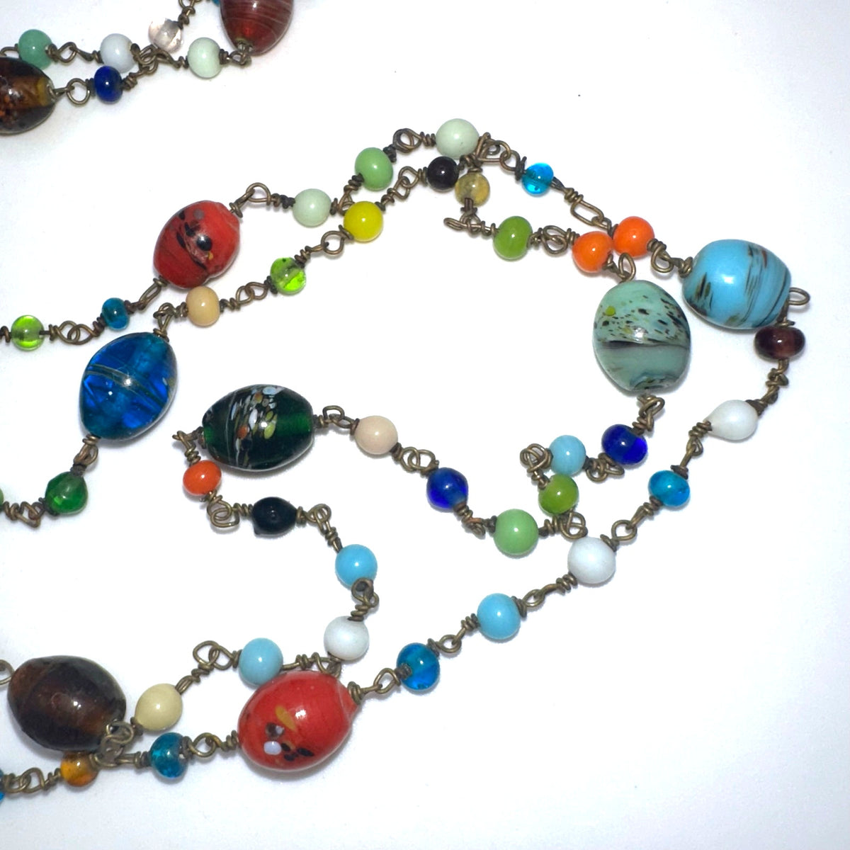 Antique Art Deco Czech art glass multicolor beads beaded brass 52" necklace