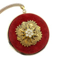 Vintage Victorian Revival gold tone red velvet Heraldic pendant 24" necklace