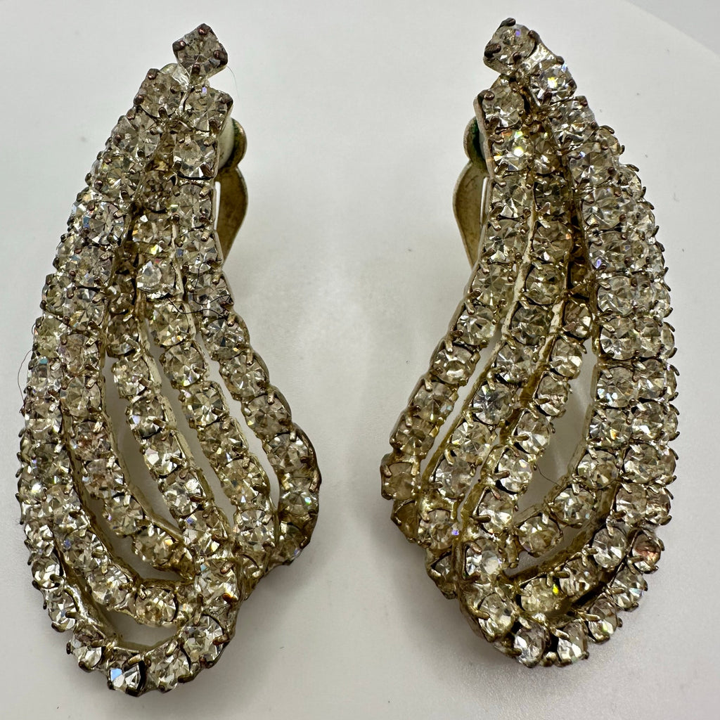 Vintage clear glass rhinestones silver tone 3D paisley clip on earrings