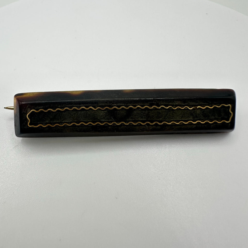 Antique Victorian 1870s Pique "faux" tortoise shell 14kt gold inlay brooch