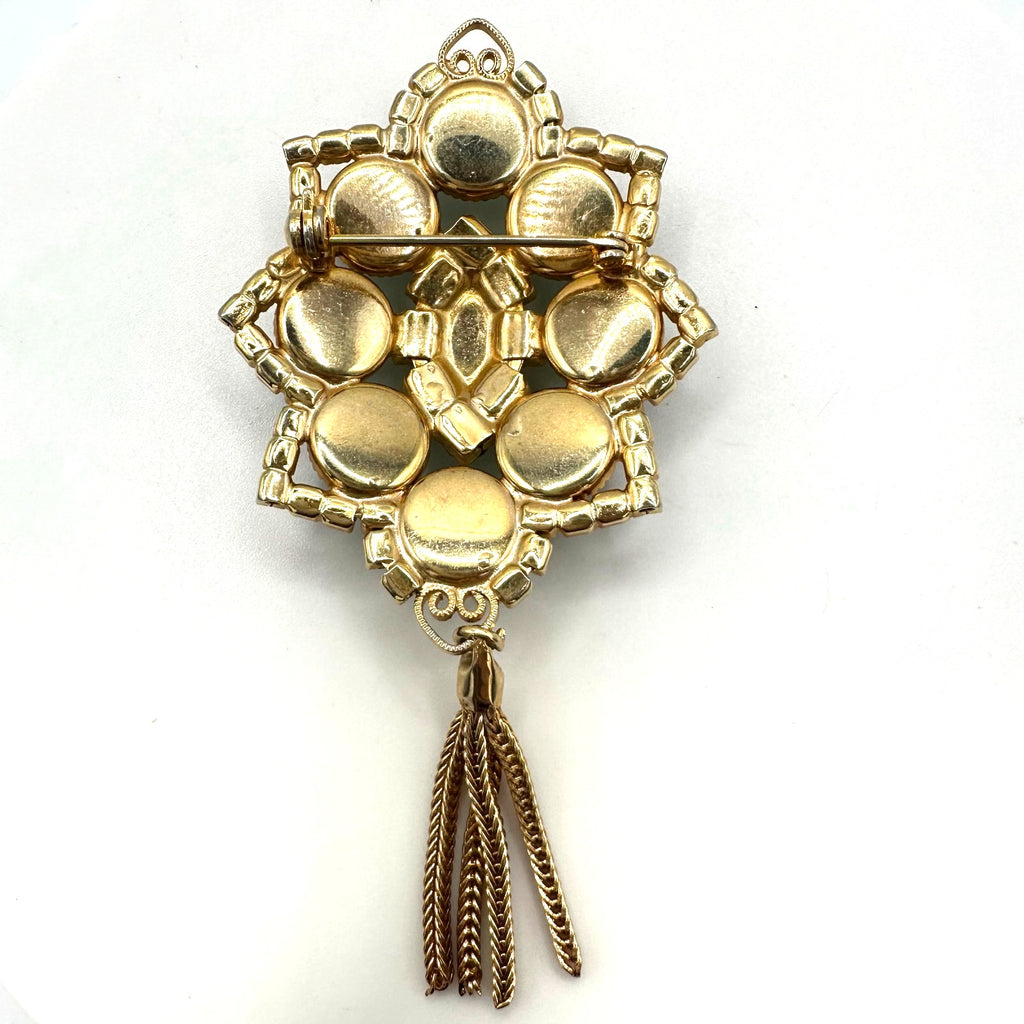 Juliana gold tone pink clear rhinestones green cabochons chains fringe brooch
