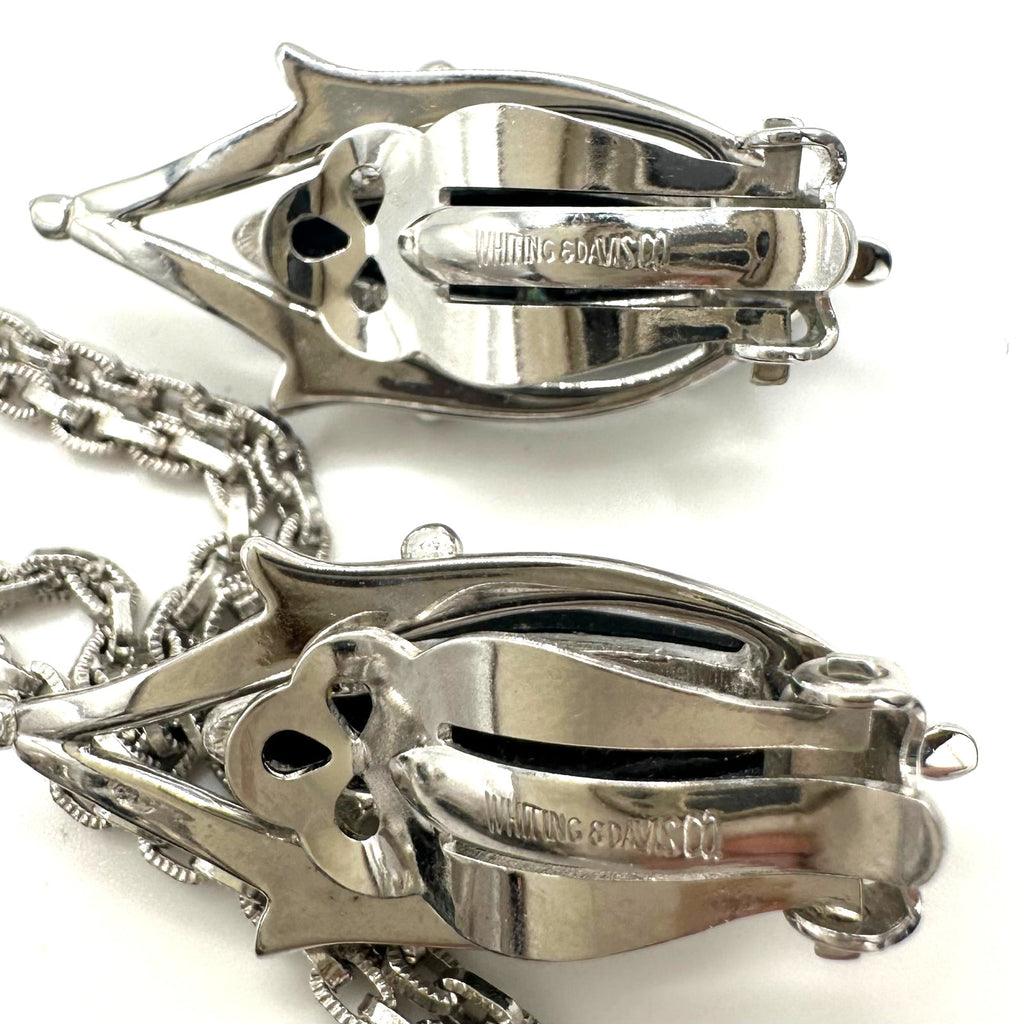 Whiting & Davis vintage silver tone faux hematite necklace ring clip on earrings