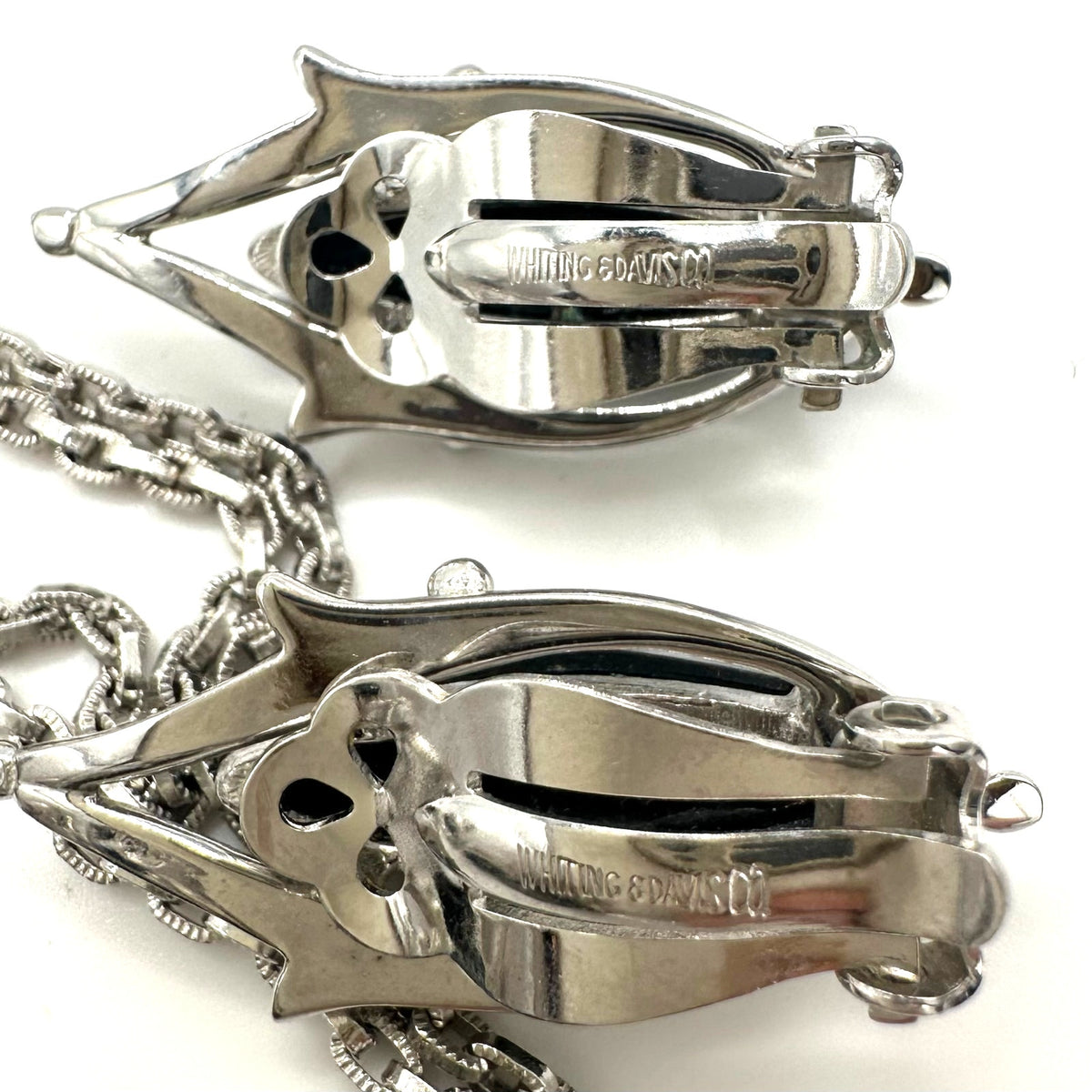 Whiting & Davis vintage silver tone faux hematite necklace ring clip on earrings