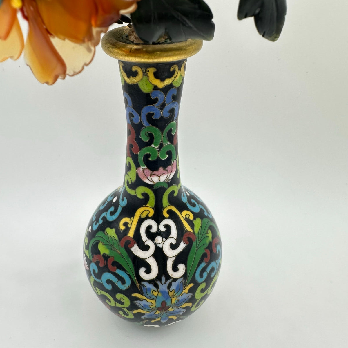 Vintage Chinese cloisonné enamel vase guilloche bird semiprecious flowers tree