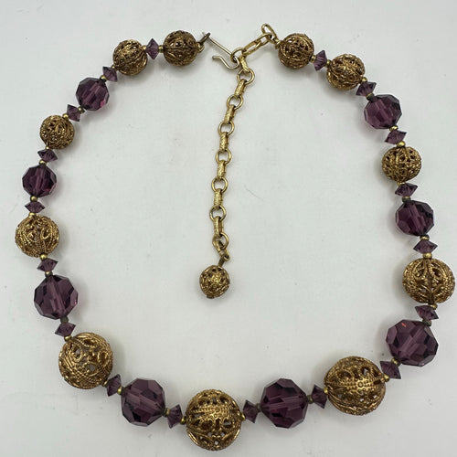 1950s vintage purple glass beads gold tone filigree graduated necklace