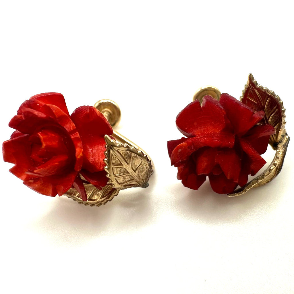 Vintage 12kt gold filled red celluloid roses necklace screw back earrings set